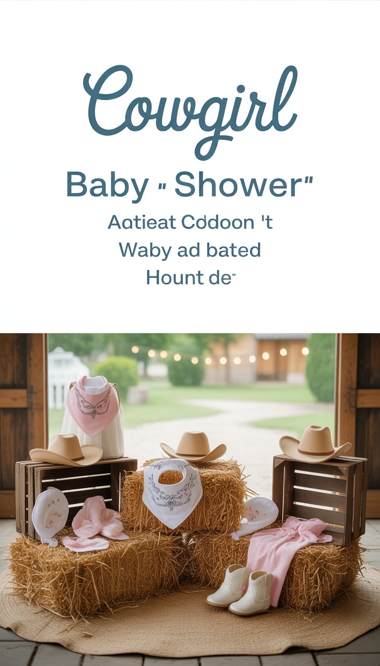 Mini hay bales arranged as seating and decor at a cowgirl-themed baby shower with rustic decorations and soft pastel colors.